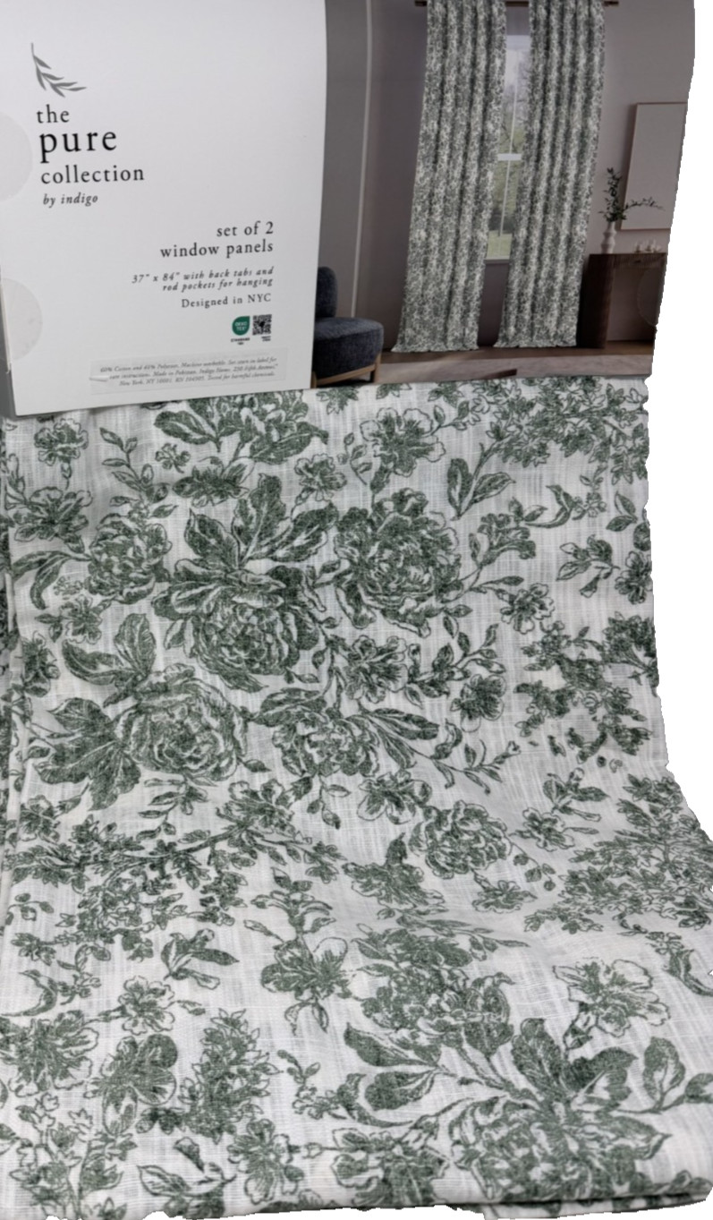 New The Pure Collection by Indigo Floral Drapes 37″ x 84″ ~Green~ Set of 2
