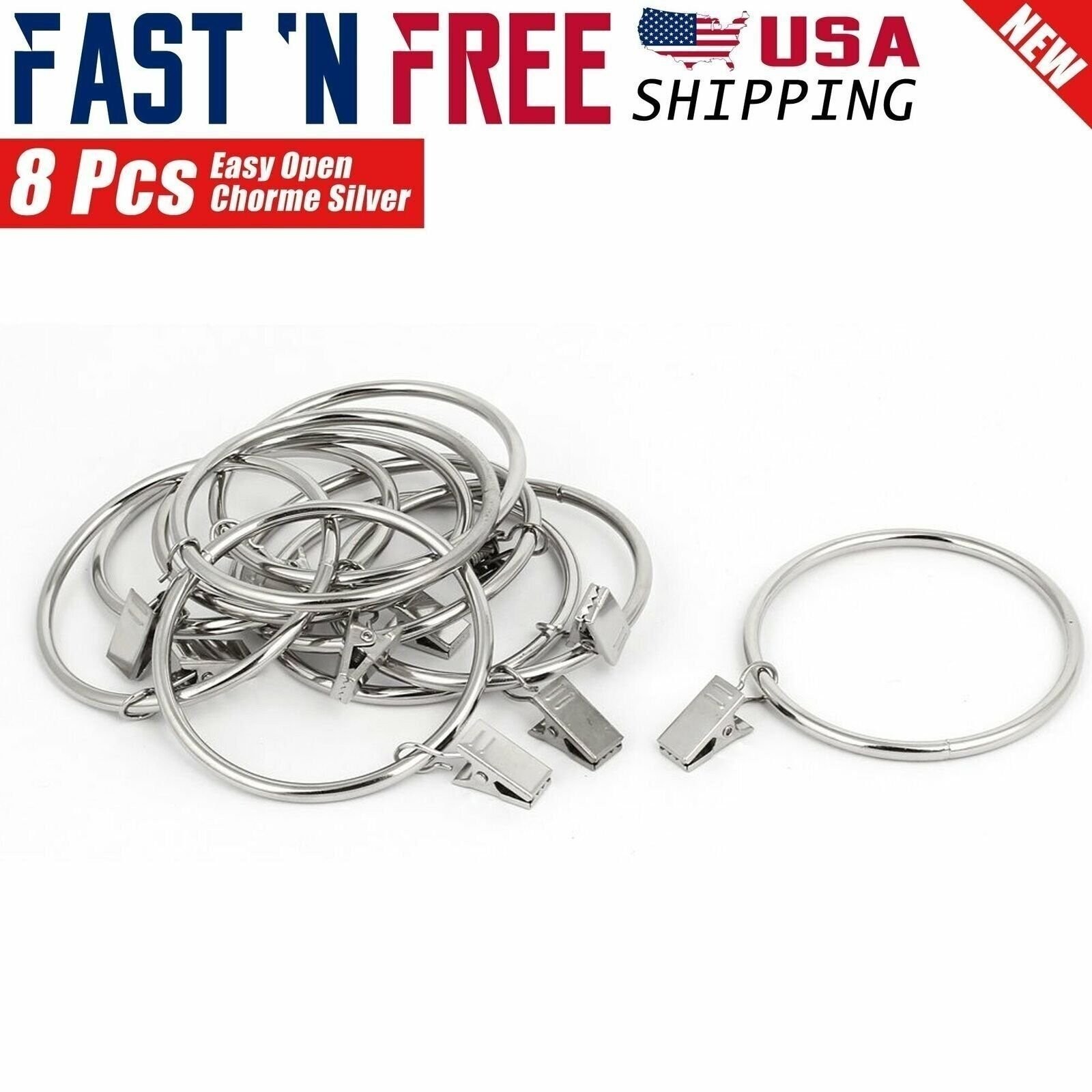 8 Pcs 1.5″ inch Openable Metal Curtain Rings with Clips Chrome Silver