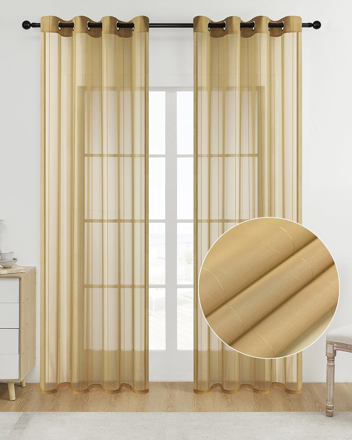Foil Stripe Gold Sheer Curtains 84 Inches Length 2 Panels with Grommets 52 Inche