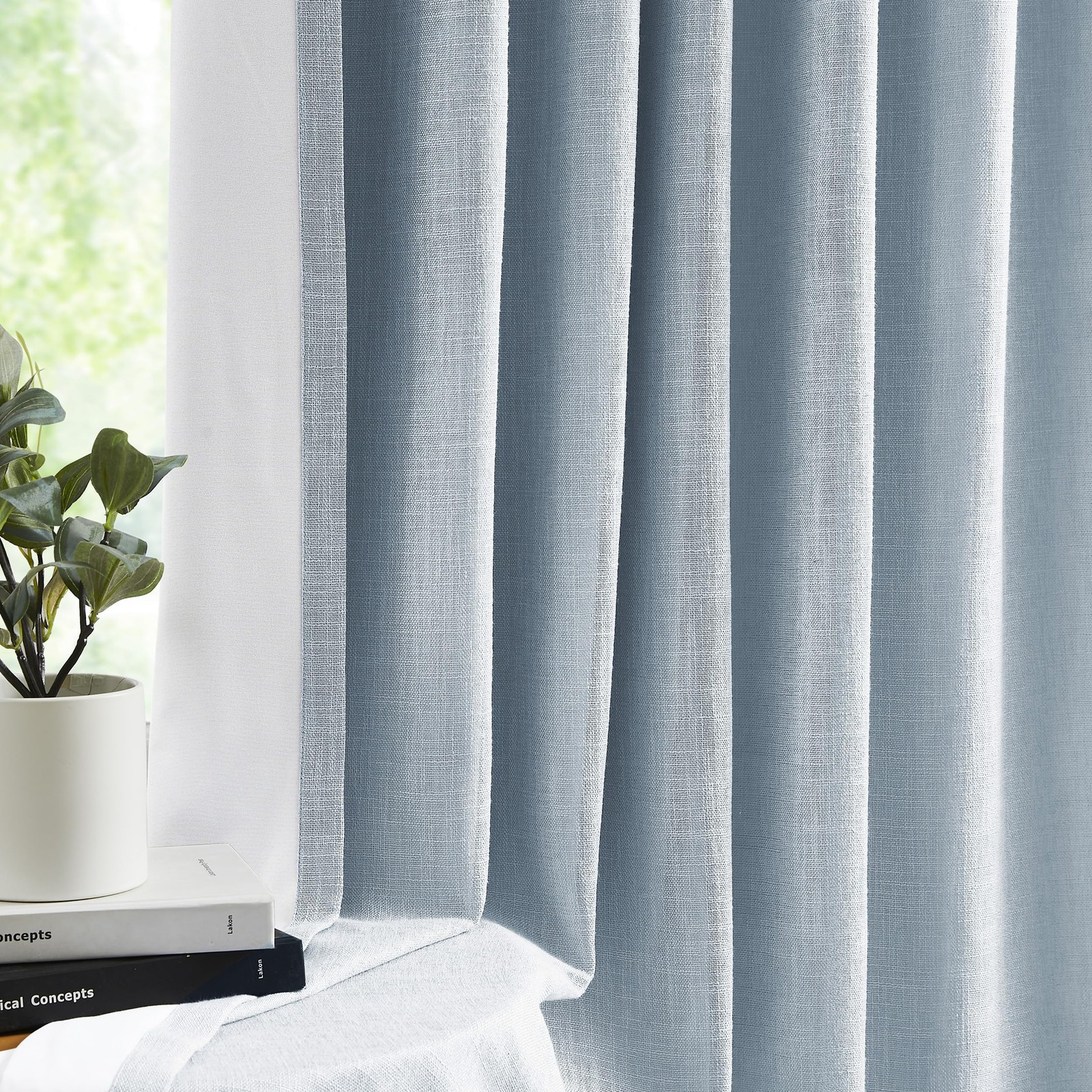 Central Park Dusty Blue Pinch Pleated Full Blackout Curtains Linen Texture