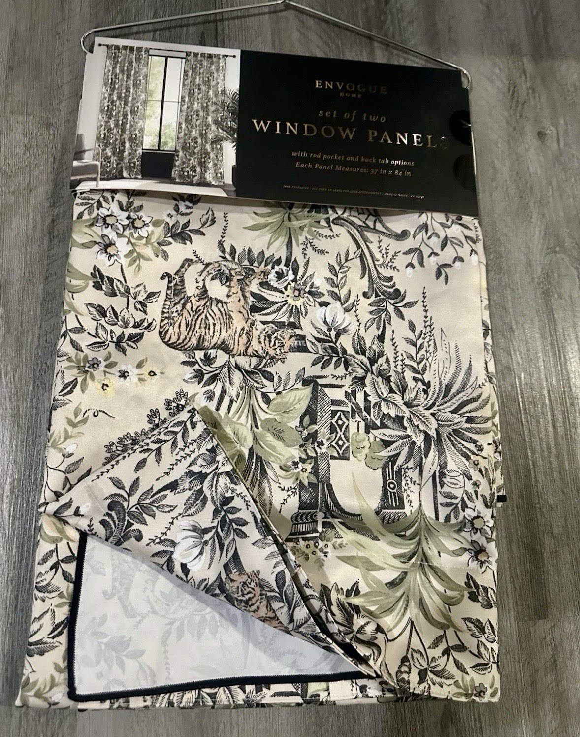 NWT Envogue 2 pc Window Curtains Asian Toile Jungle Tigers Birds ea 37″ x 84″ lg