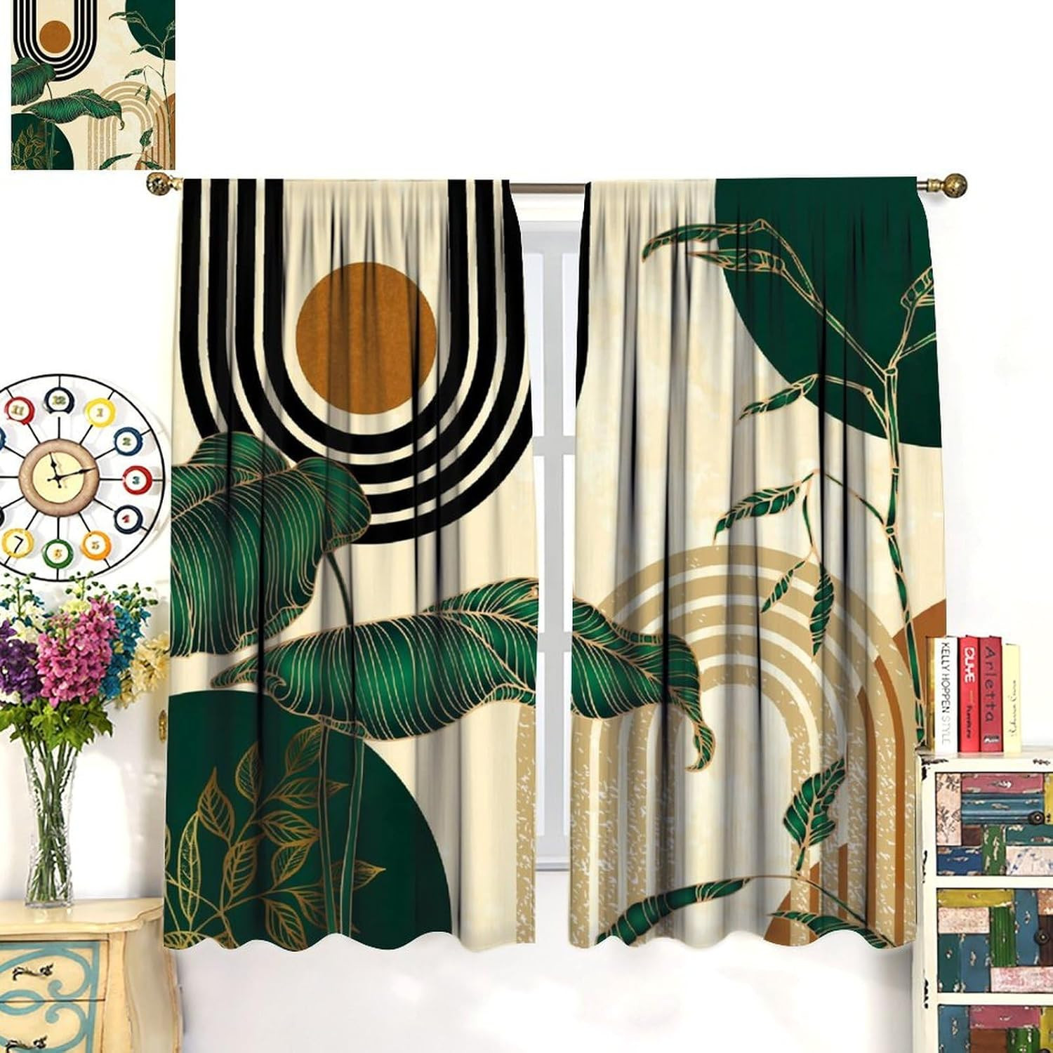 Green Boho Modern Curtains,Abstract Minimalist Retro Mid Century Art Printed Win