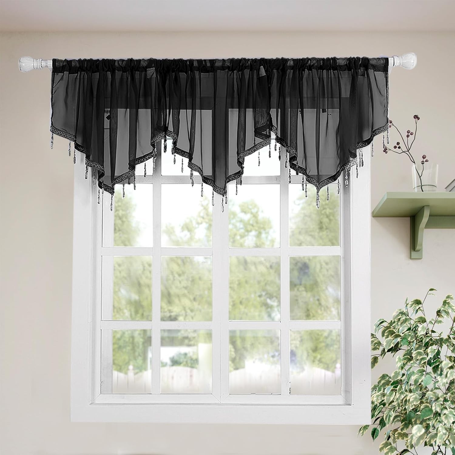 Lace Valance Swag Curtain 51 Inch Scalloped Sheer Curtain Panels W/Crystal Beads