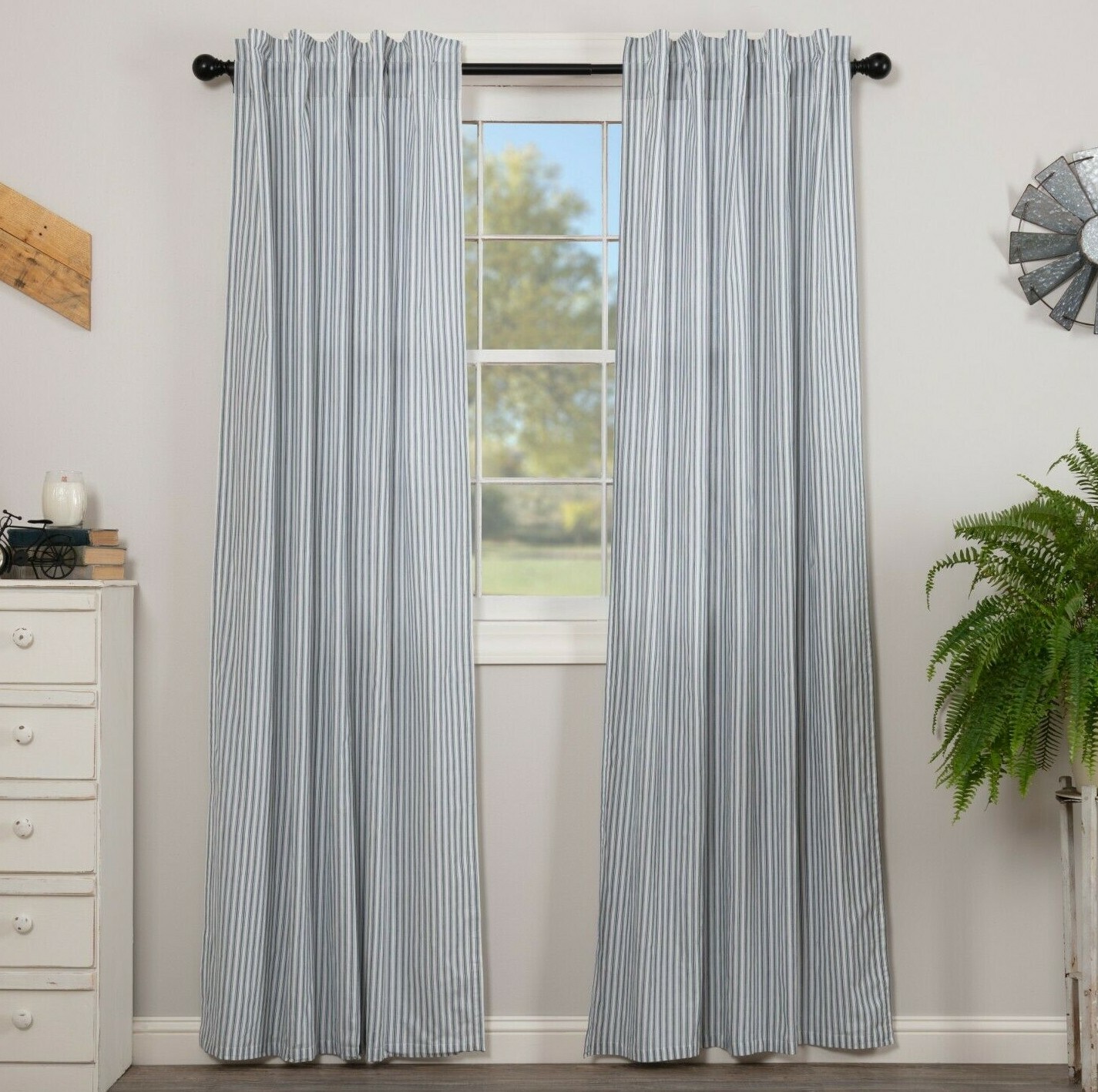 84″L Denim Blue White Ticking Stripe Farmhouse Curtains Sawyer Mill w/ Tie Backs