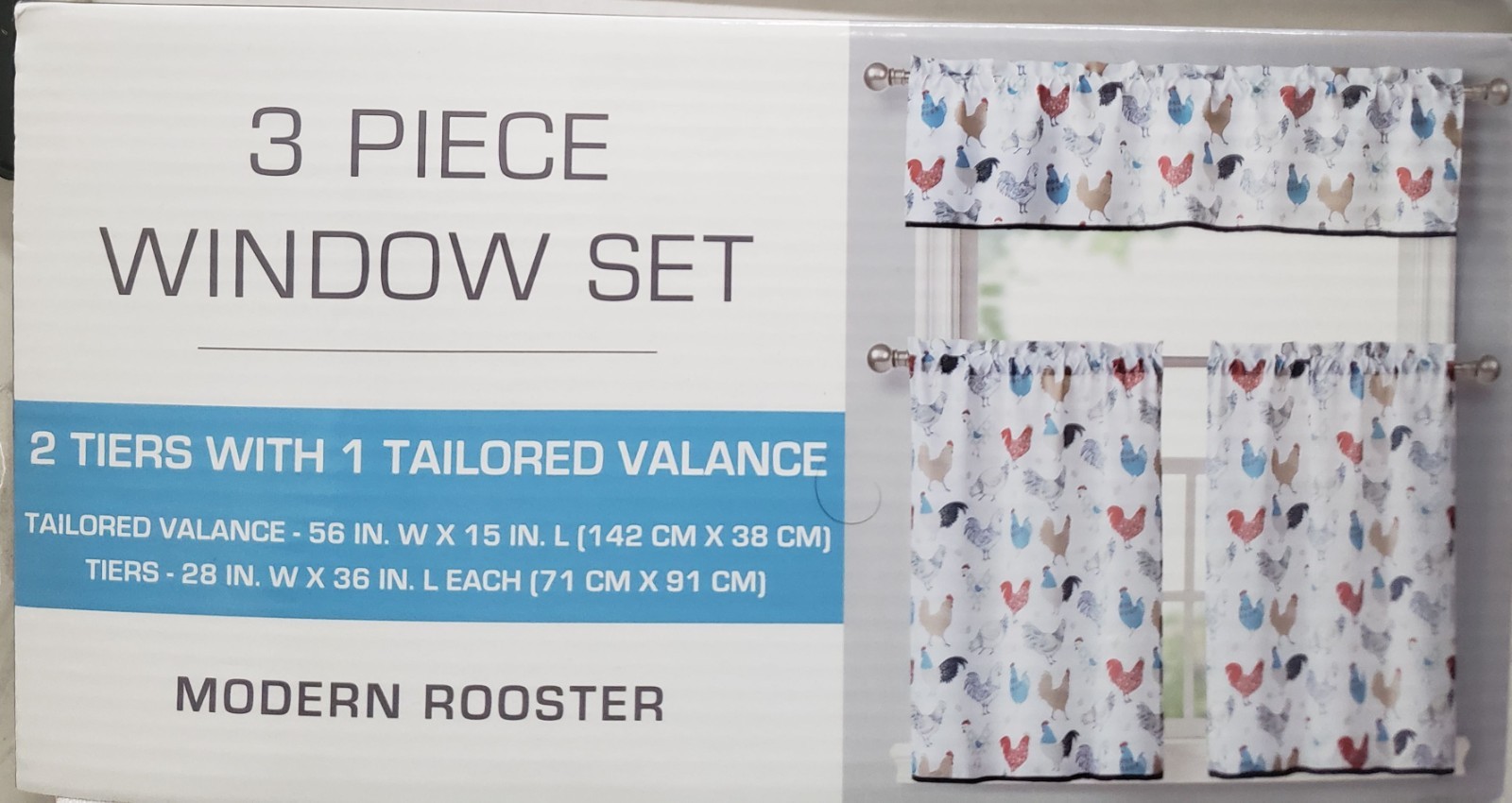 3pc Curtains Set:2 Tiers (28″x36″)& Valance (56″x15″) MULTICOLOR MODERN ROOSTERS
