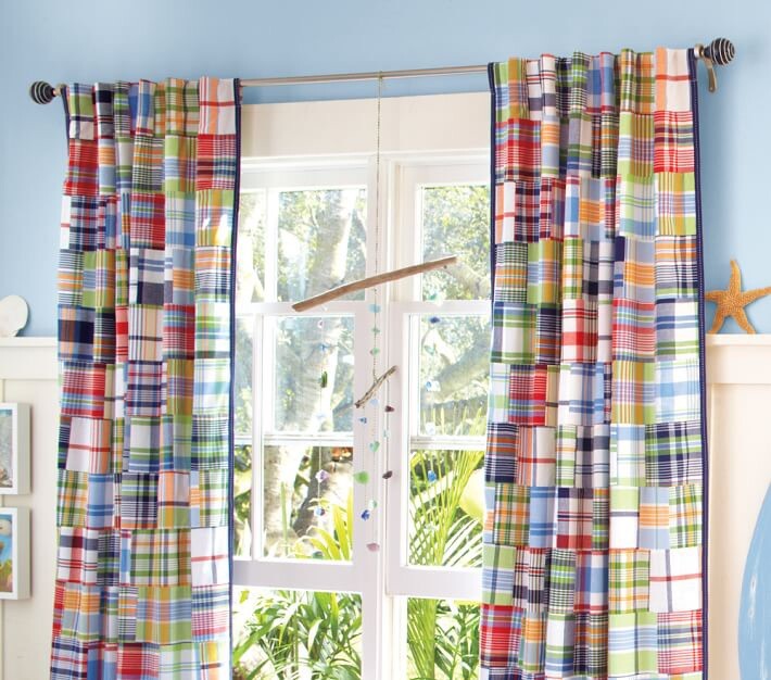 5 PAIRS POTTERY BARN KIDS MADRAS PLAID PATCHWORK COTTON BLACKOUT CURTAINS 44×63