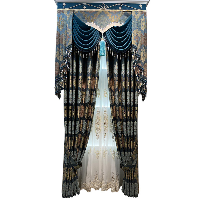 European luxury blue cloth cloth thick window weave curtain valance tulle M1556