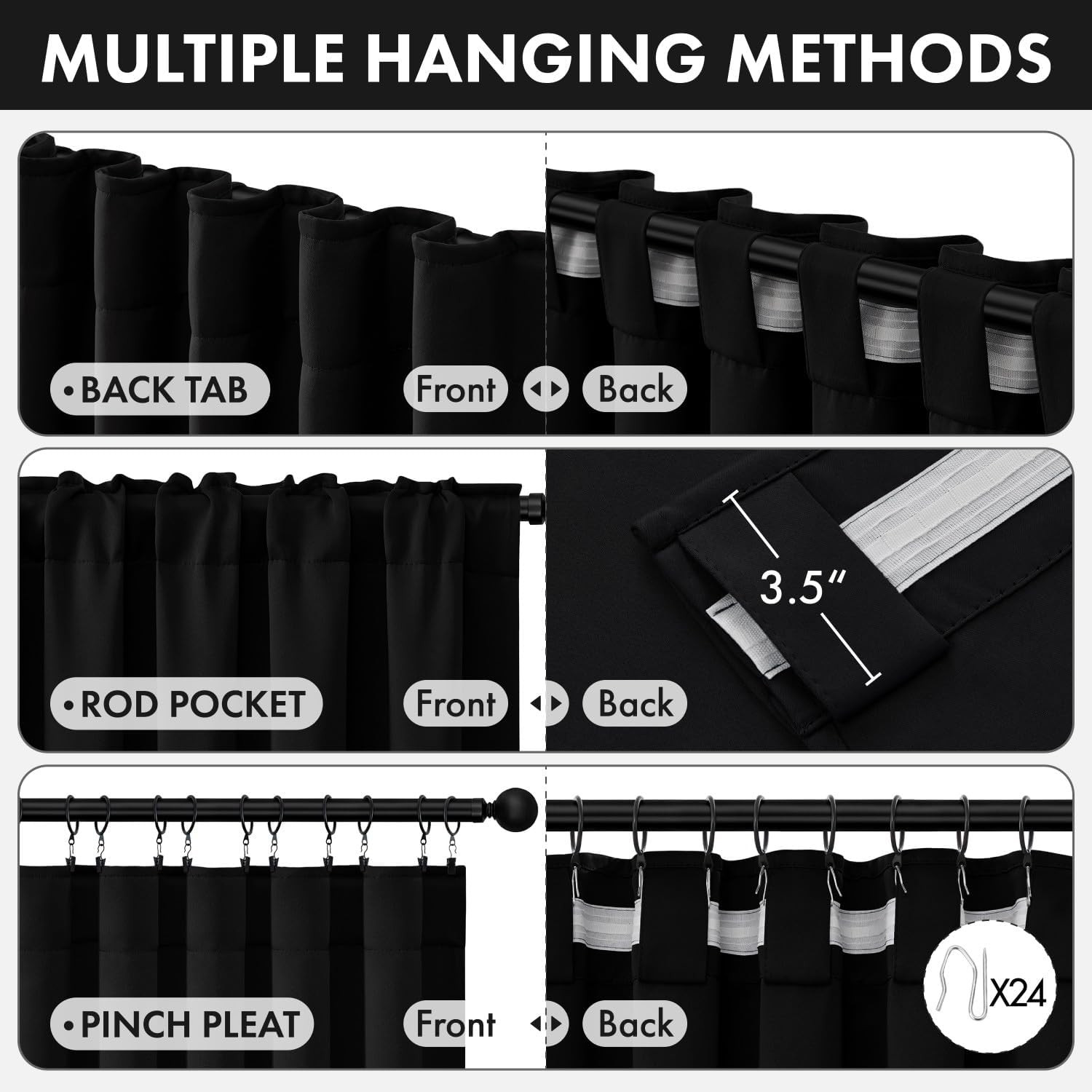 MIULEE Black Pinch Pleat Blackout Curtains 96 Inch Length 2 Panels Set for Bedro