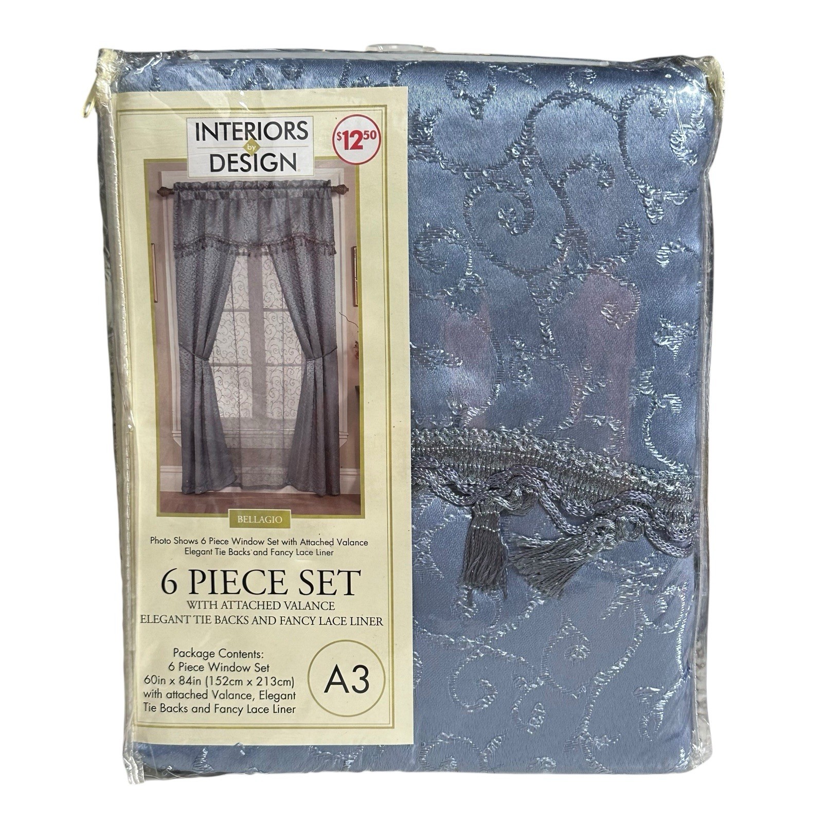6 Piece Window Curtain Set BELLAGIO Blue Valance Tie Backs Lace Liner Elegant A3