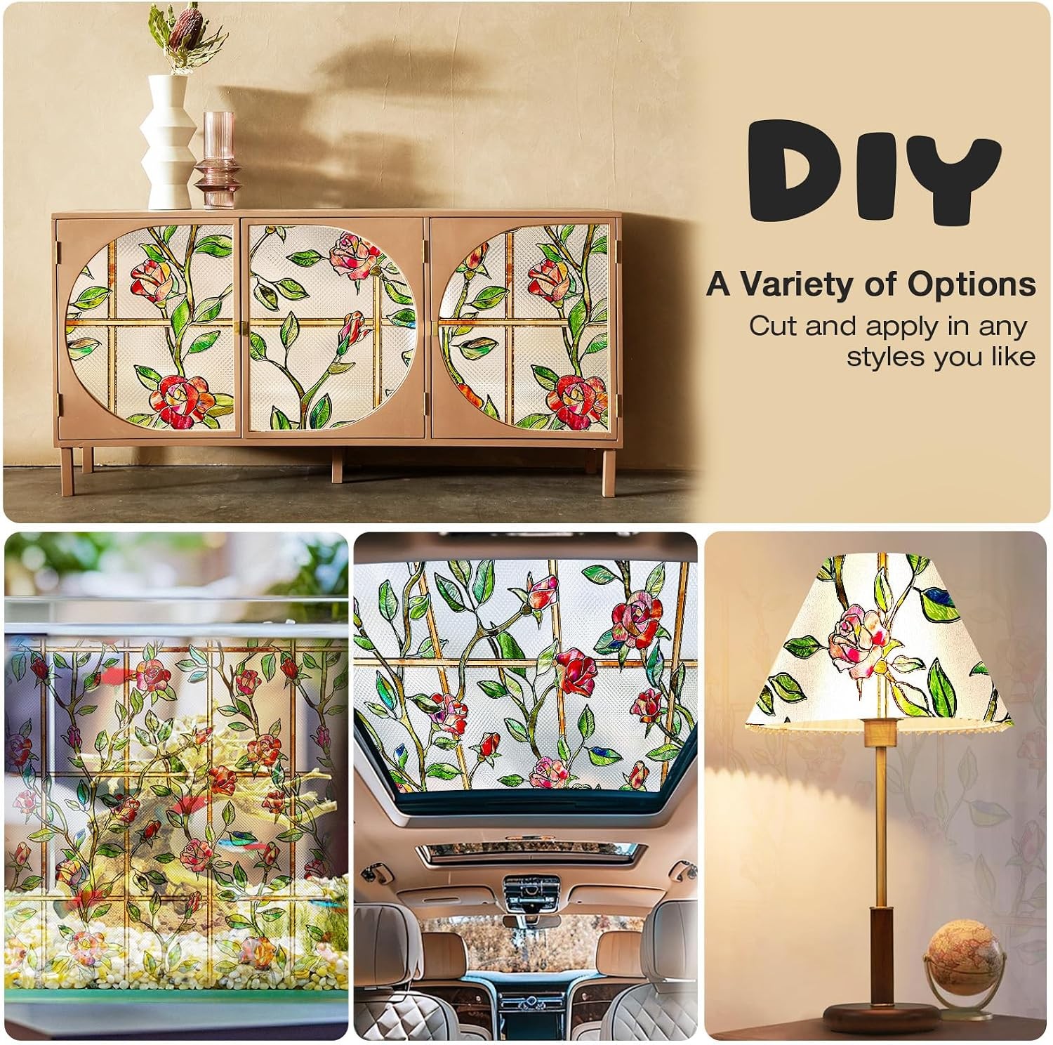 3D Rose Floral Decorative Window Covering, Light Diffusing Privacy Static Cling