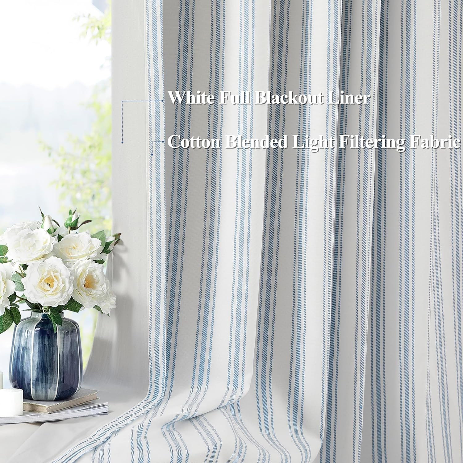 Blue Striped Blackout Curtains 84 Inches Length,Ticking Stripe on White Cotton B