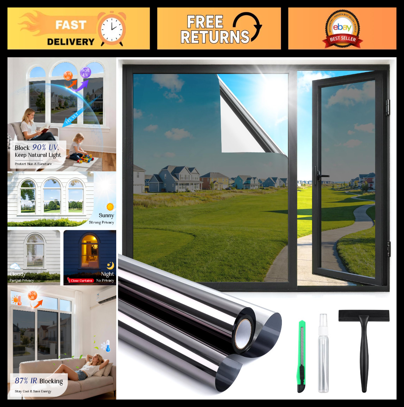 Static Cling One Way Window Privacy Film – UV Blocking, Removable Tint, 29.5×78.