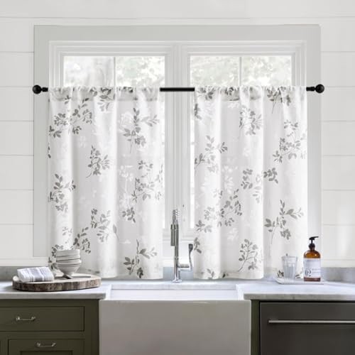 Kitchen Curtains 36 Inch Length 2 30″W x 36″L (Pack of 2) Grey and White