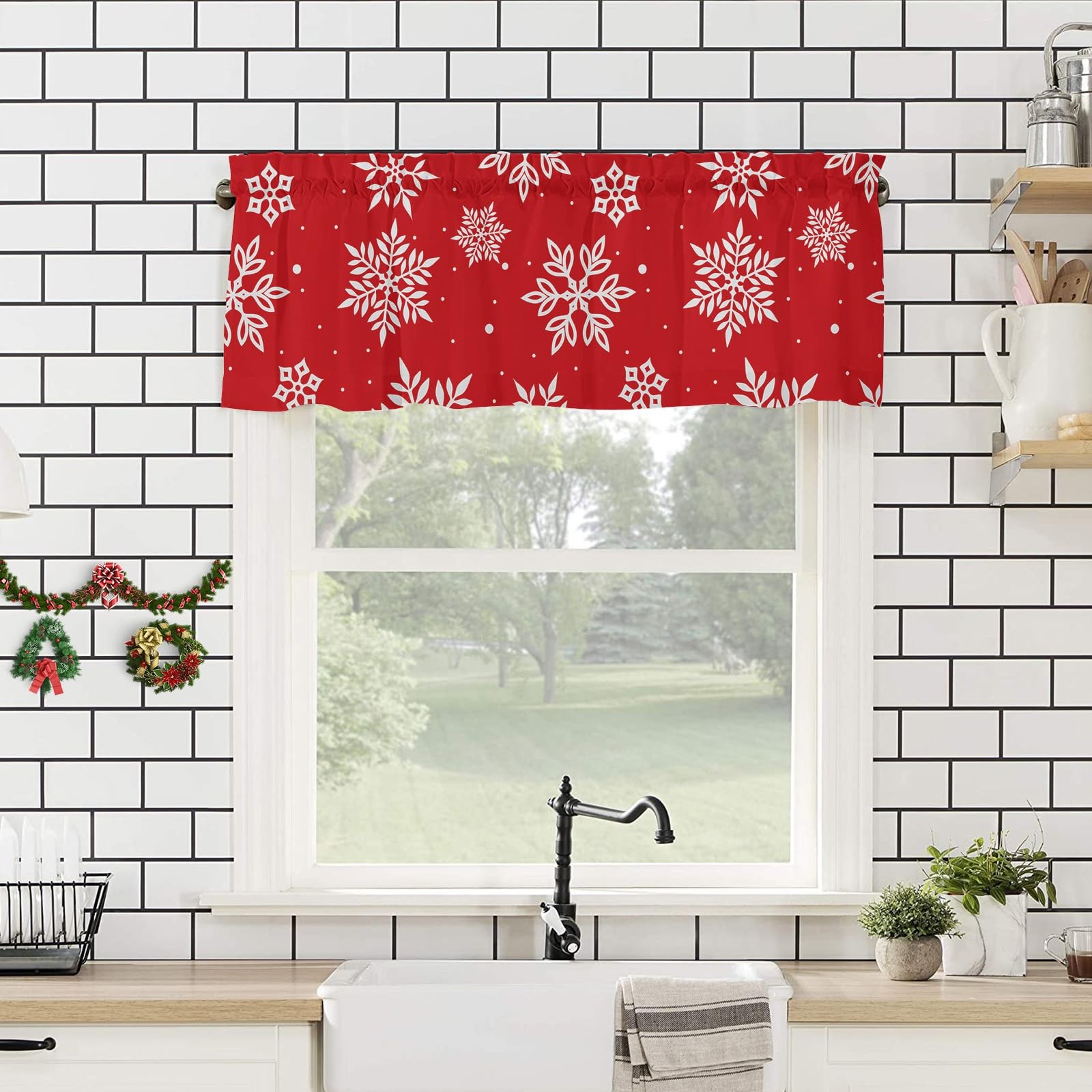 Christmas Window Curtain Valance for Kitchen Bedroom, Snowflakes Printed Red …