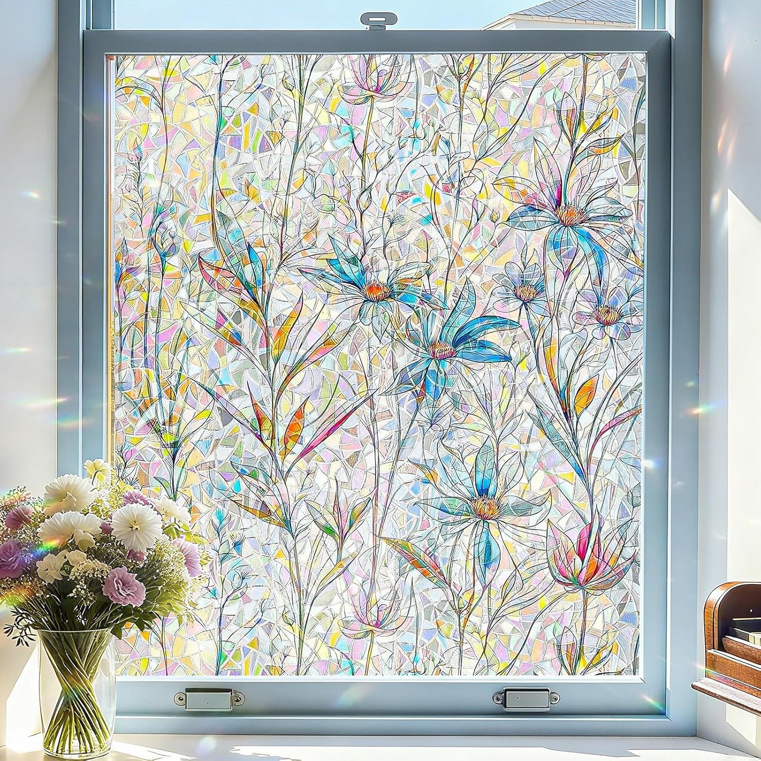 Window Privacy Film, Stained Glass Decorative Static Cling, Removable Laser S…