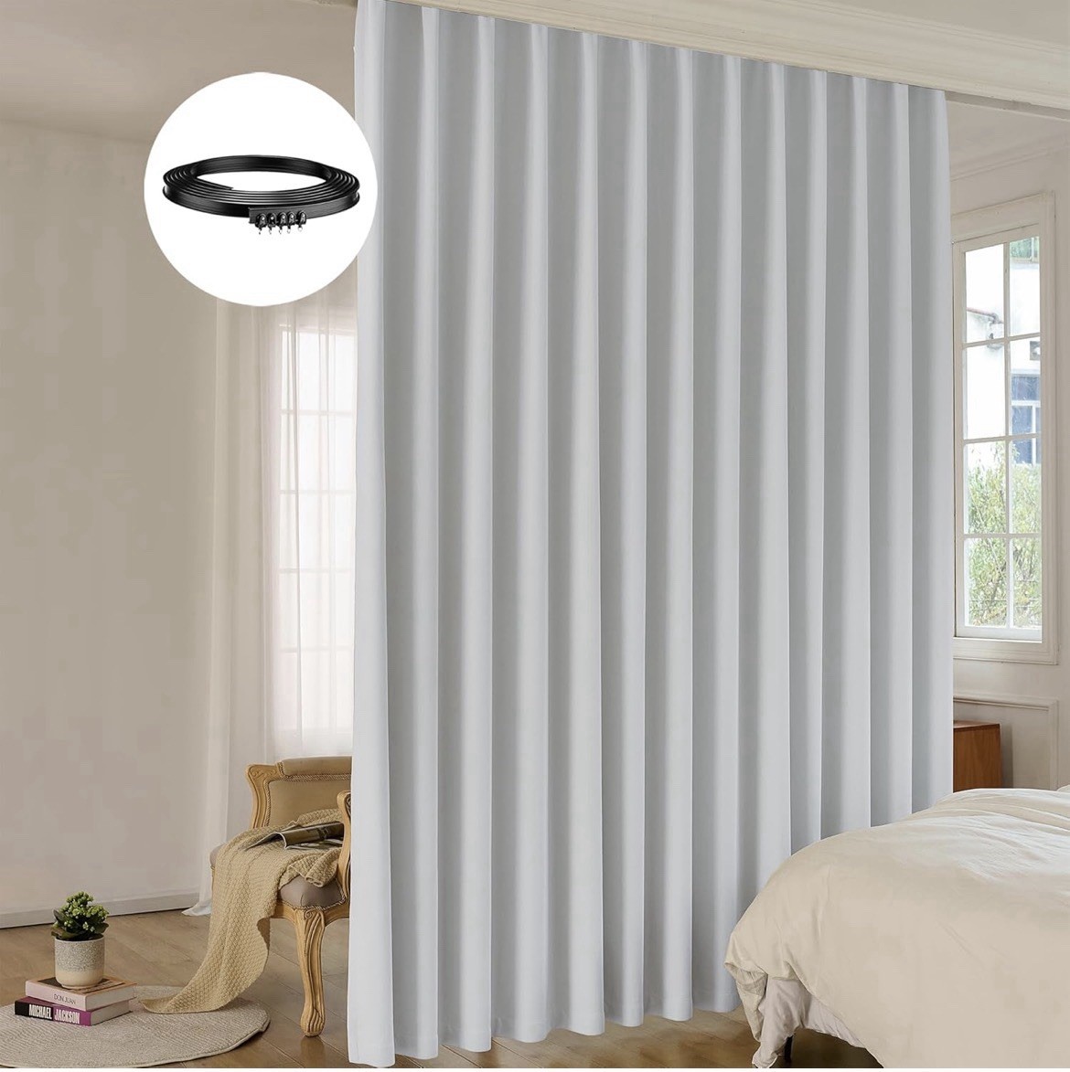 Bendable Ceiling Track Room Divider Curtain Set – 95% Blackout, Grey 9ft Tall