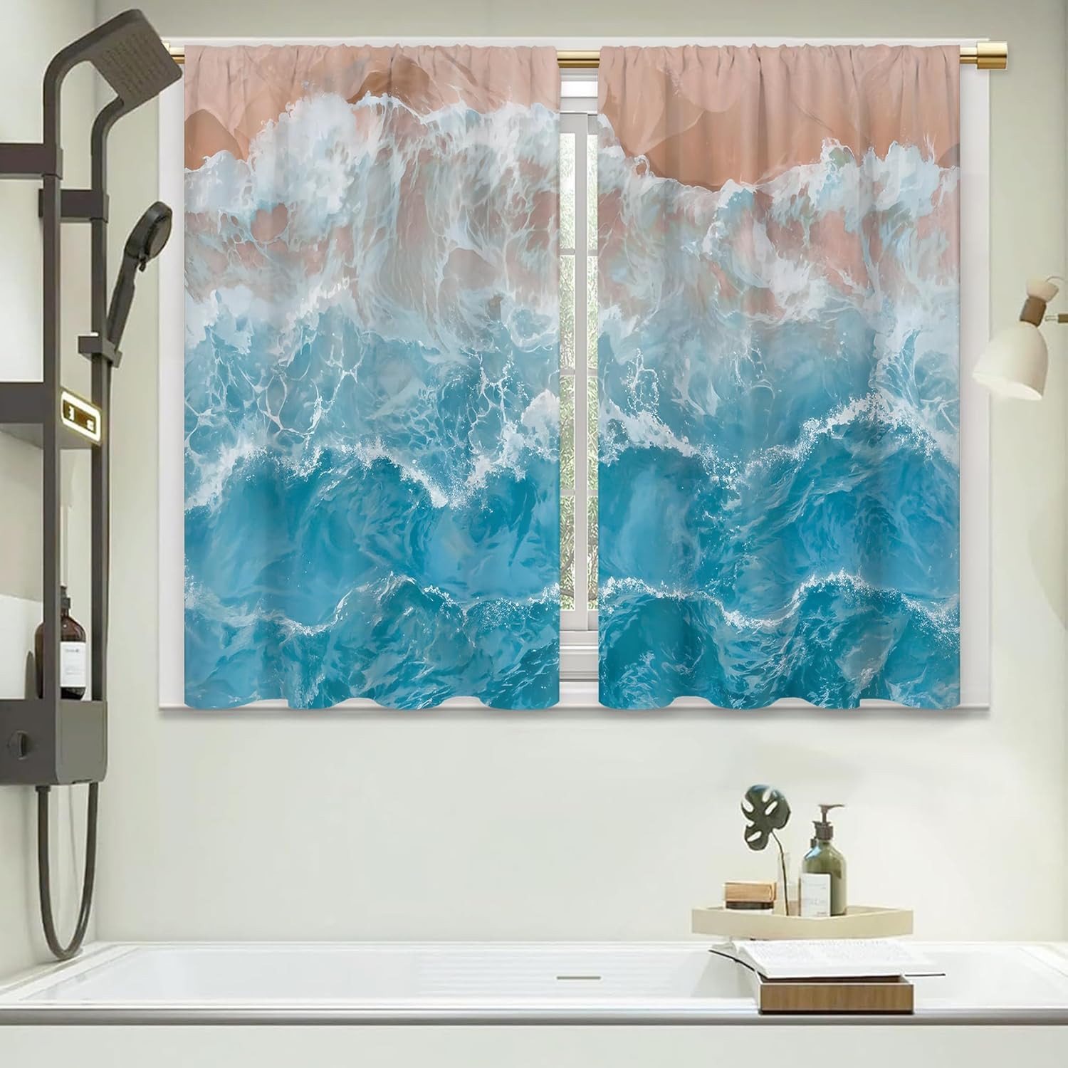 Blue Ocean Wave Bathroom Curtains Window Treatment Drapes Tier Sea Coastal Beach