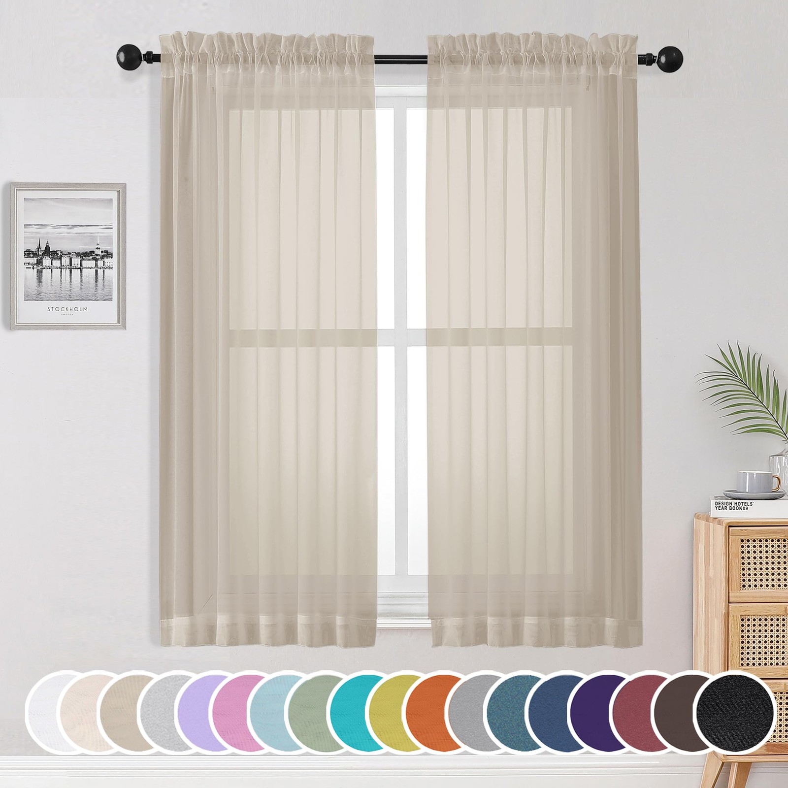 Sheer Curtains 42×63 Inch, Rod Pocket, Lightweight Soft Beige, 2 Panels Set