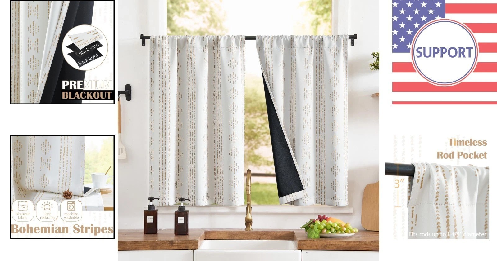 Elegant Beige Boho Café Curtains – 36” 95% Blackout Thermal Panels for Any Room