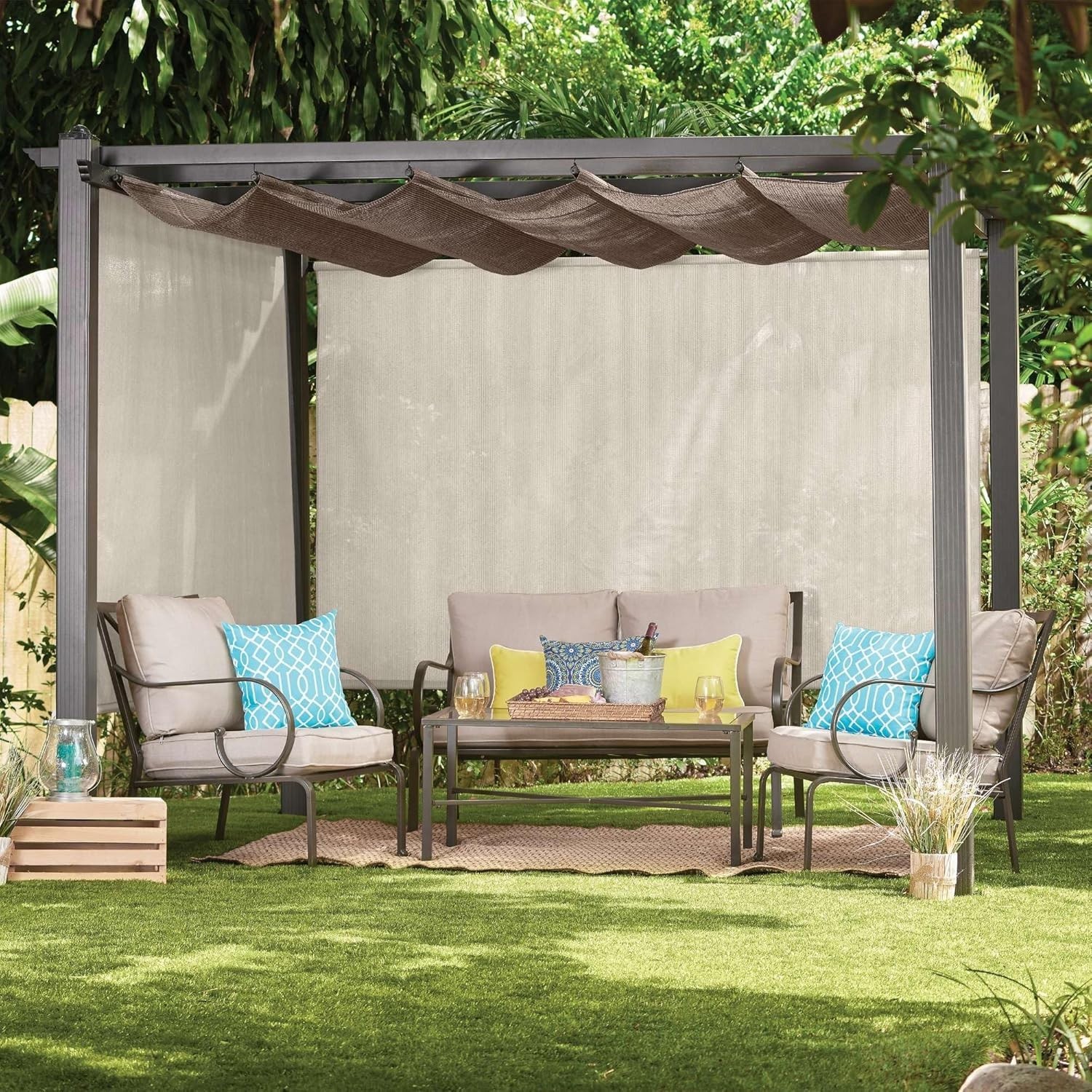 Breathable Outdoor Roller Shade with Wand – Fade-Resistant, Pebble, 8ft x 8ft