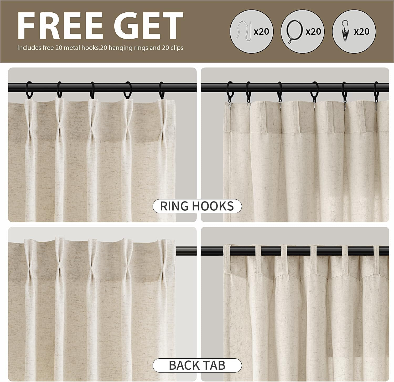 Pinch Pleated Linen Curtains 96 Inch Length 2 Panels for Living Room Bedroom Nat