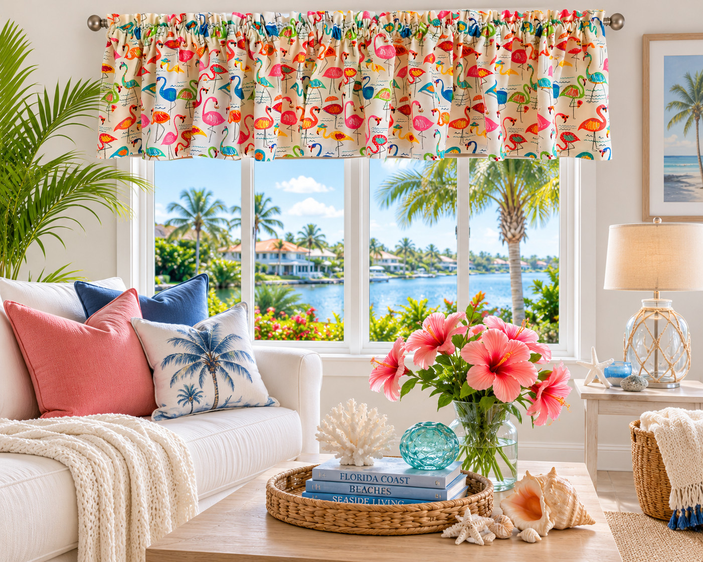 Flamingo Themed Valance, Tropical Coastal Window Treatment, Beach House Decor