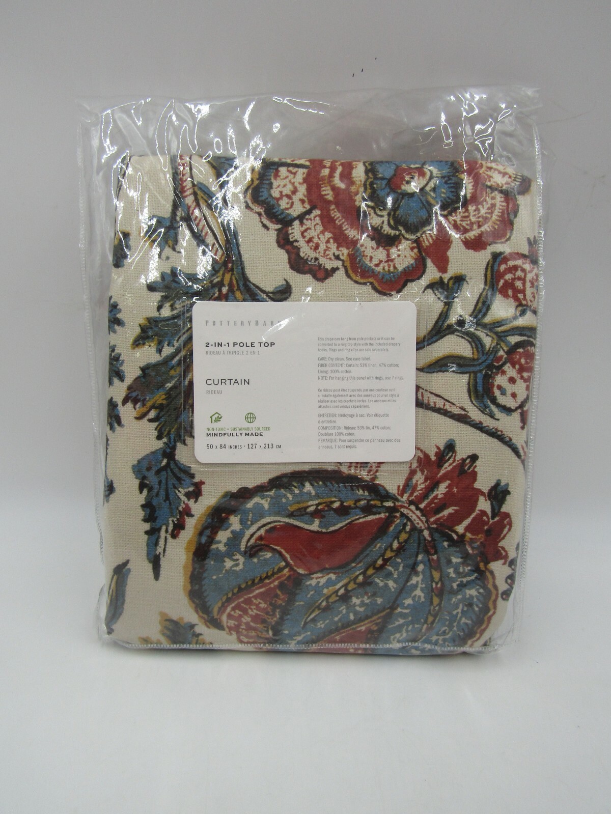 Pottery Barn Haylie Print Linen Cotton Lined Curtain Drape Red Multi 50×84″ #Q54