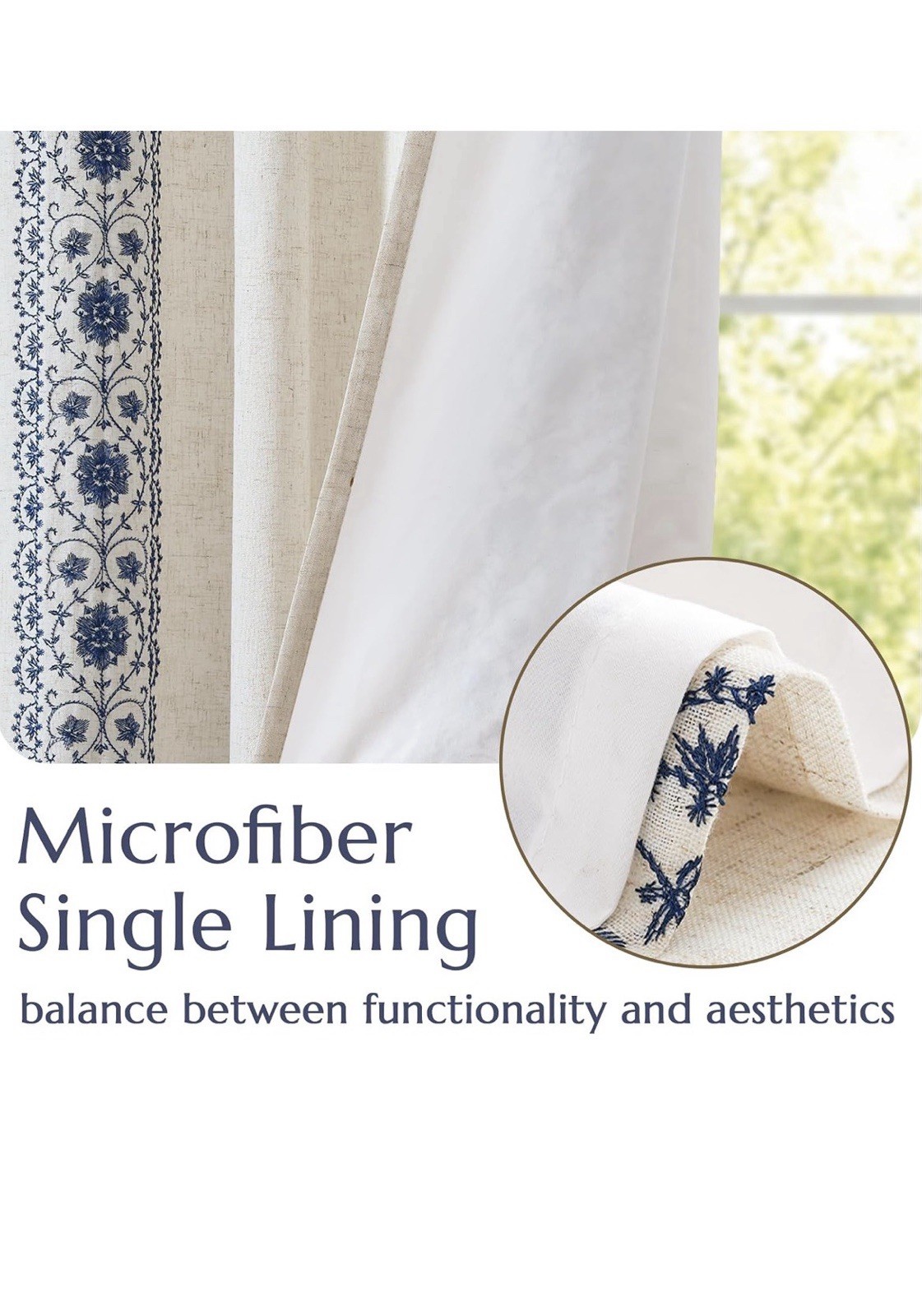 Floral Linen Curtains w Lining Back Tab 50x84in 2 Panels Blue Light filtering