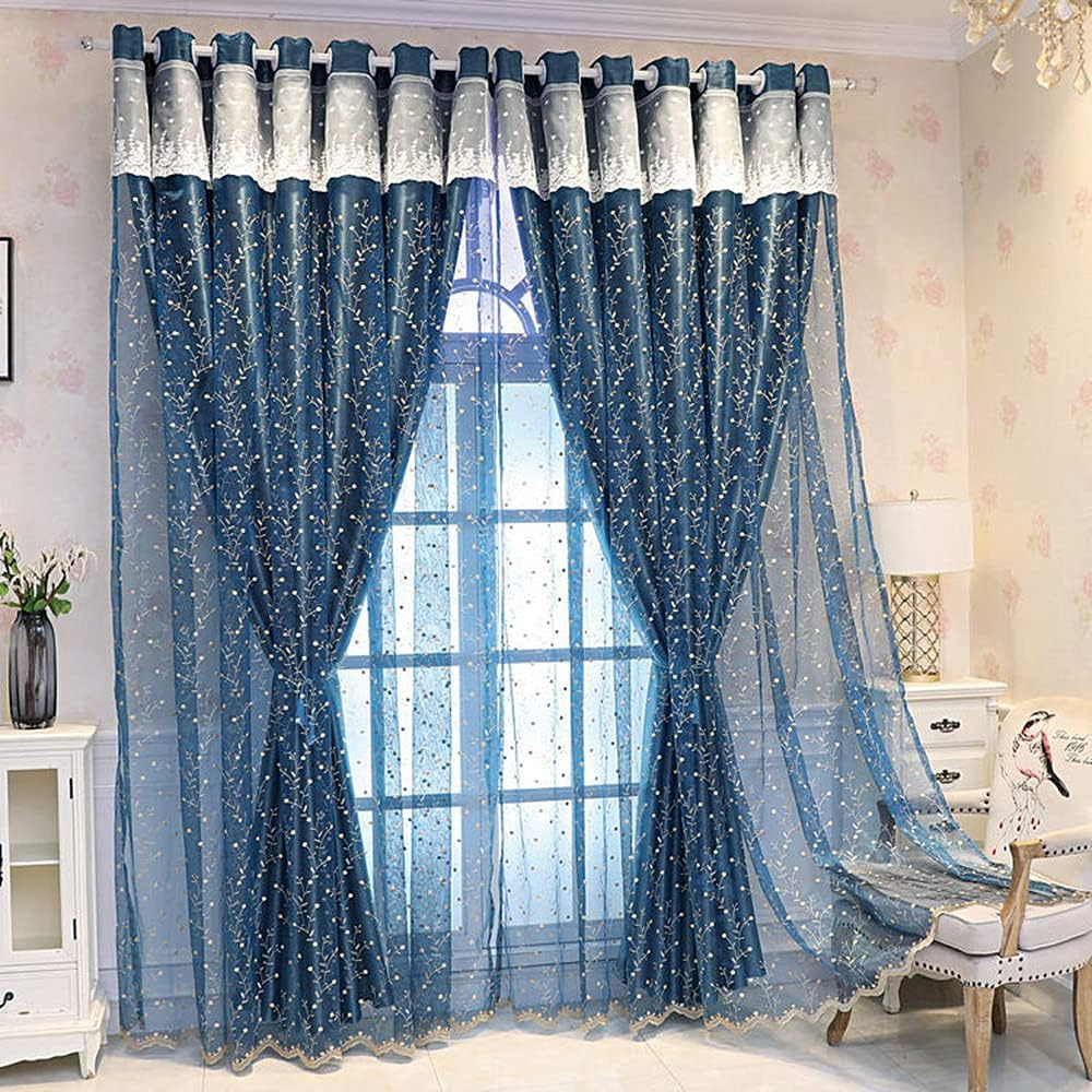 Royal Blue Double Layer Flower Curtains with Cherry Pattern, 54×96 Inch