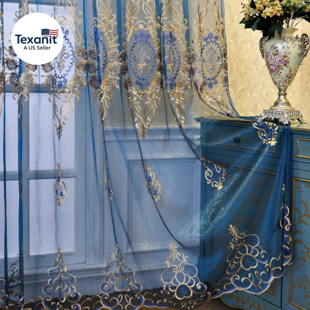 Luxury Embroidered Jacquard Sheer Curtains, 1 Pair European Style Tulle Curtains