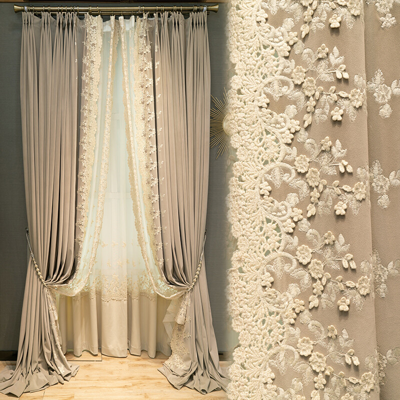 Upscale American embroidered flannelette beige velvet cloth curtain drape C1405*