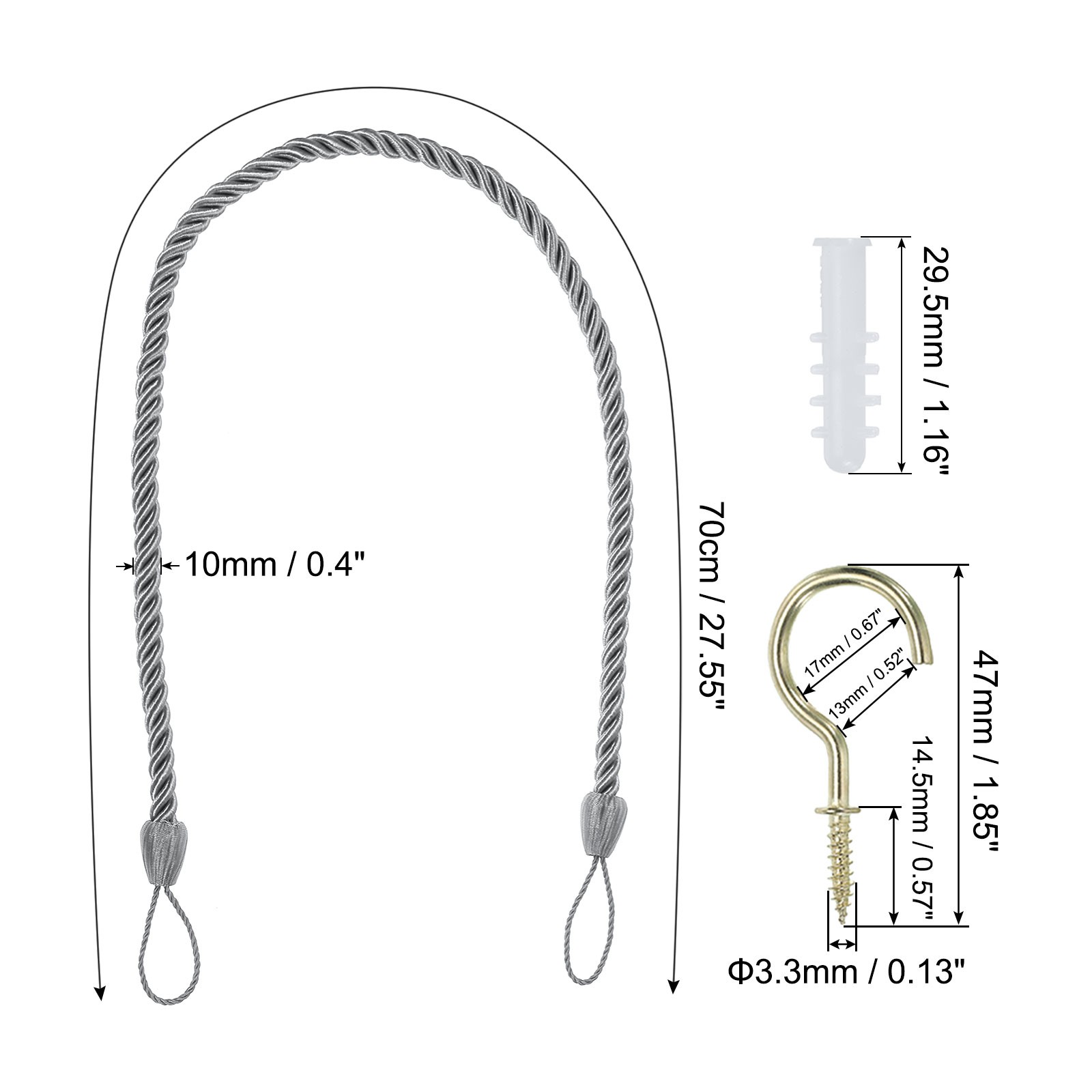 2 Pack Silver Gray Curtain Tiebacks Ropes Braided Curtain Holdback Cord