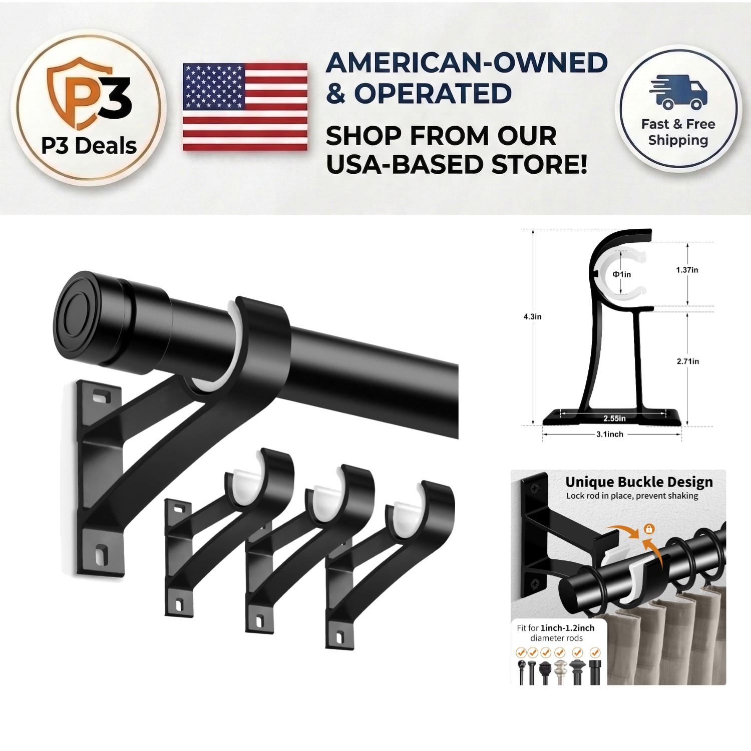 Versatile Heavy-Duty Wall-Mounted Curtain Rod Holders – Set of 4 Black Brackets
