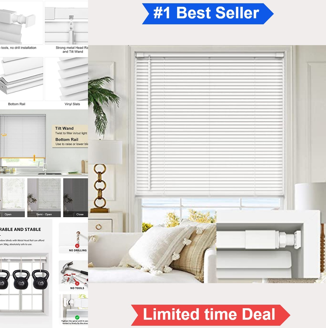 Cordless Mini Blinds 29×48 Vinyl No Drill Inside Mount Light Filtering for