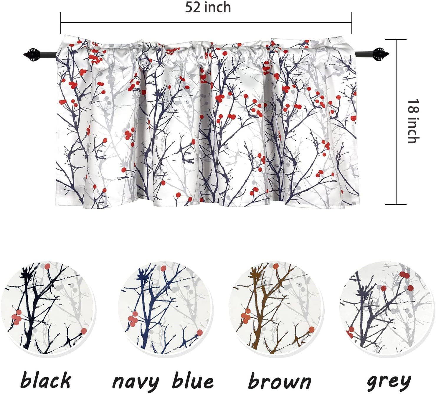 Tree Branches Blackout Valances for Kitchen & Home, 52×18 Inches, Grey