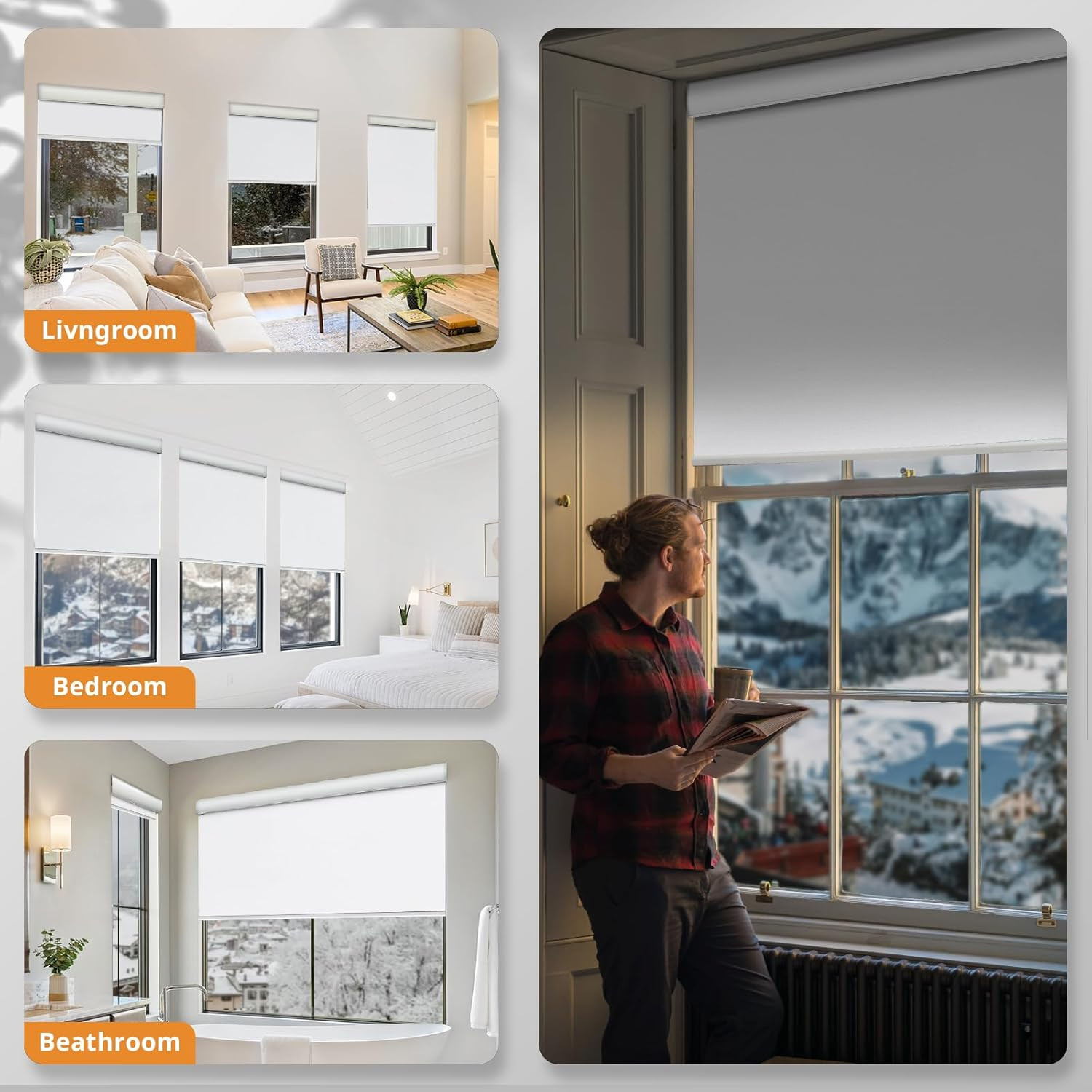 Remote-Controlled Cordless Blackout Smart Blinds, 46″ W x 72″ H, White