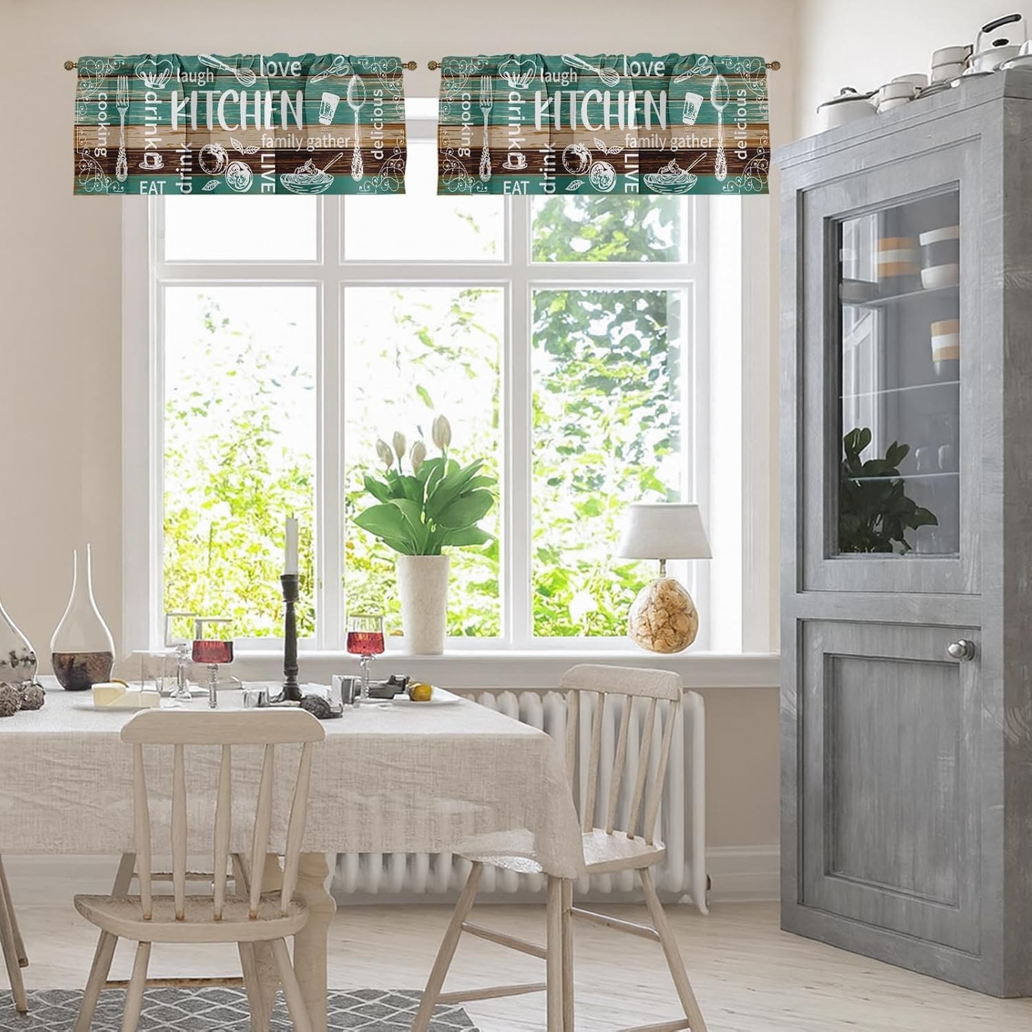 2 Pack Valances Window Treatments Teal & Brown Farmhouse Kitchen Cooking