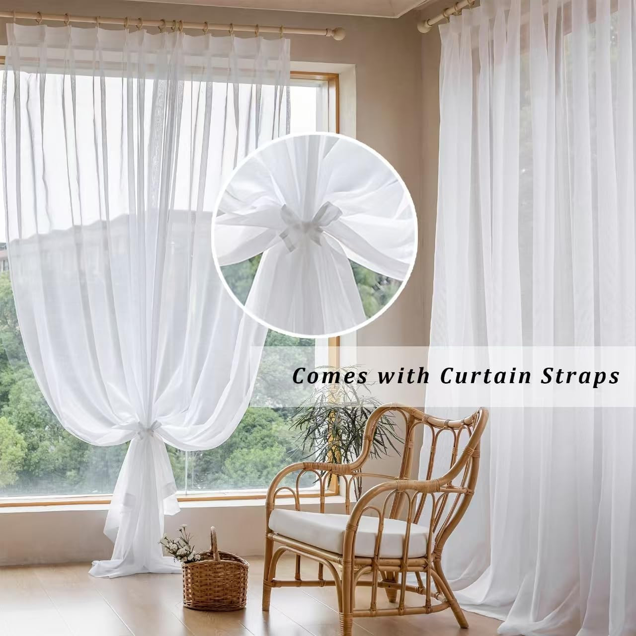 White Pinch Pleated Semi-Sheer Curtains for Living Room, 2 Panels 52×96