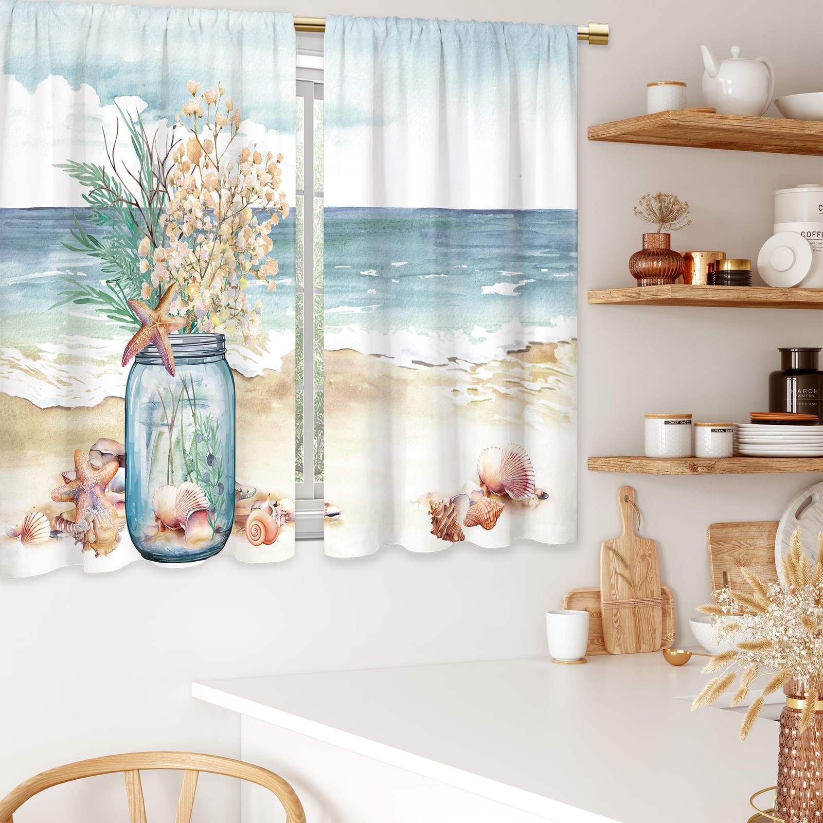 Cinekker Summer Coastal Kitchen Curtains – Starfish Blue Sea Bathroom Window …