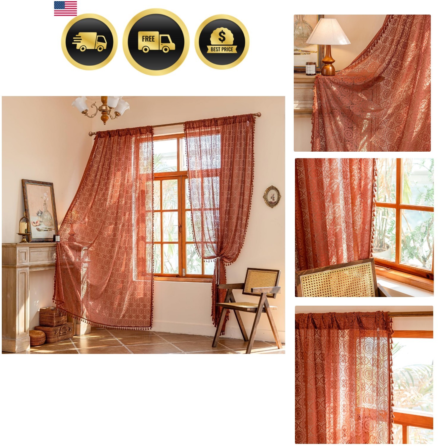 Boho Lace Curtains 90 inches Long 2 Panels Light Filtering Rustic Sheer Drapes