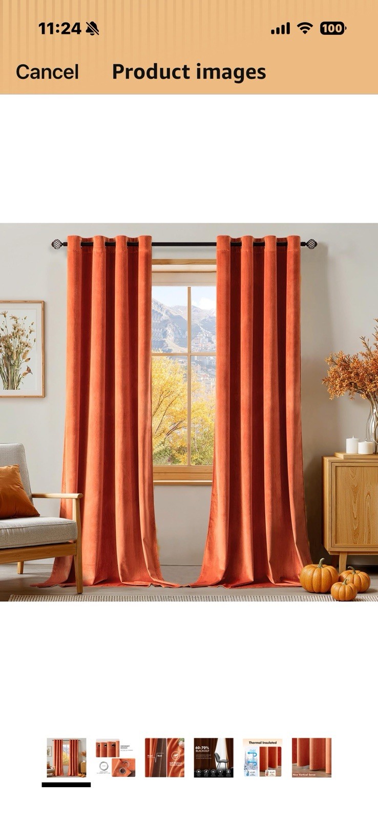Burnt Orange Velvet Blackout Grommet Curtain 4 Panels 52 x 96”in Thermal Lined