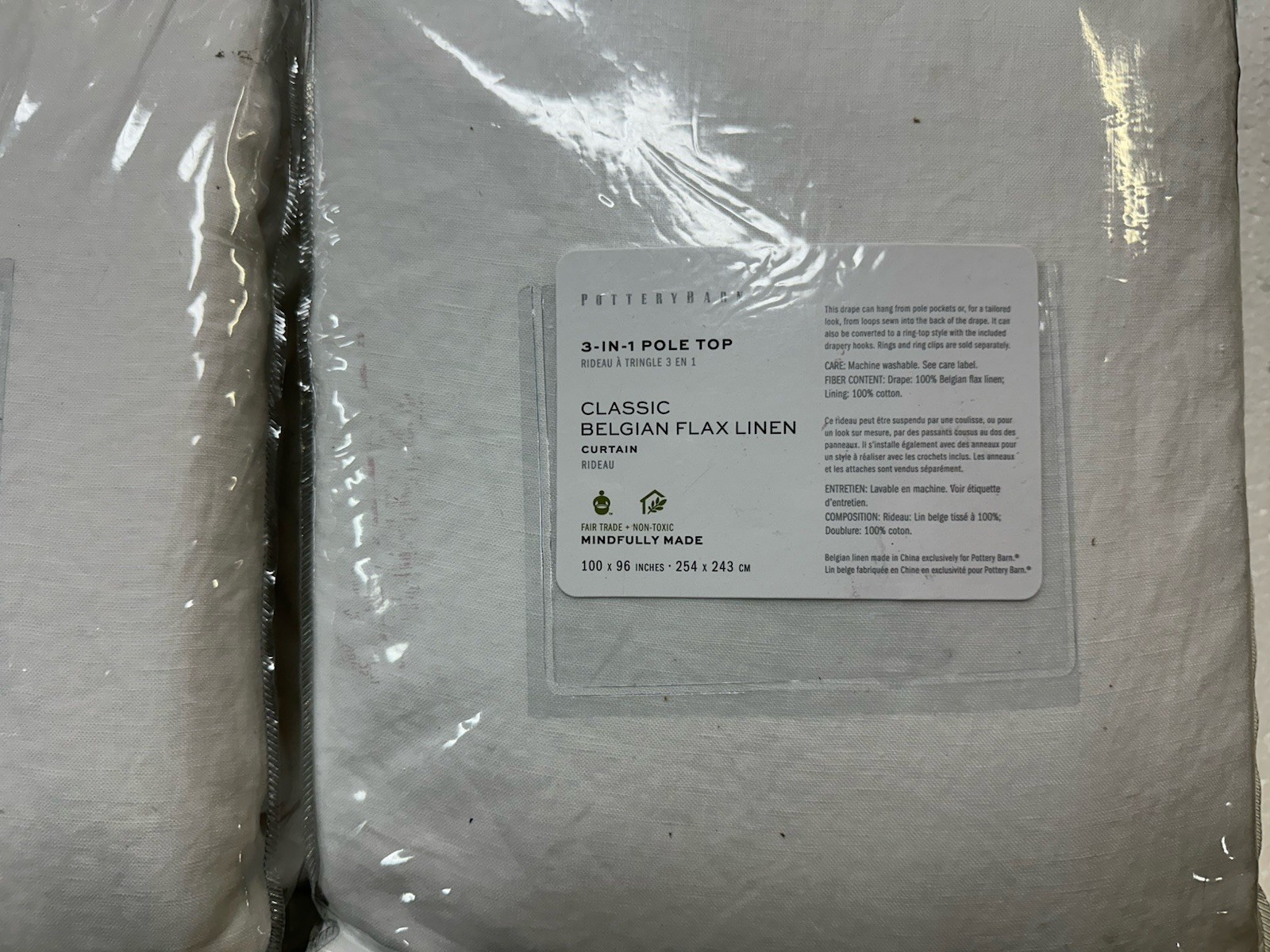Pottery Barn Belgian Flax Linen Drape 2 panels 100×96″ white cotton lining