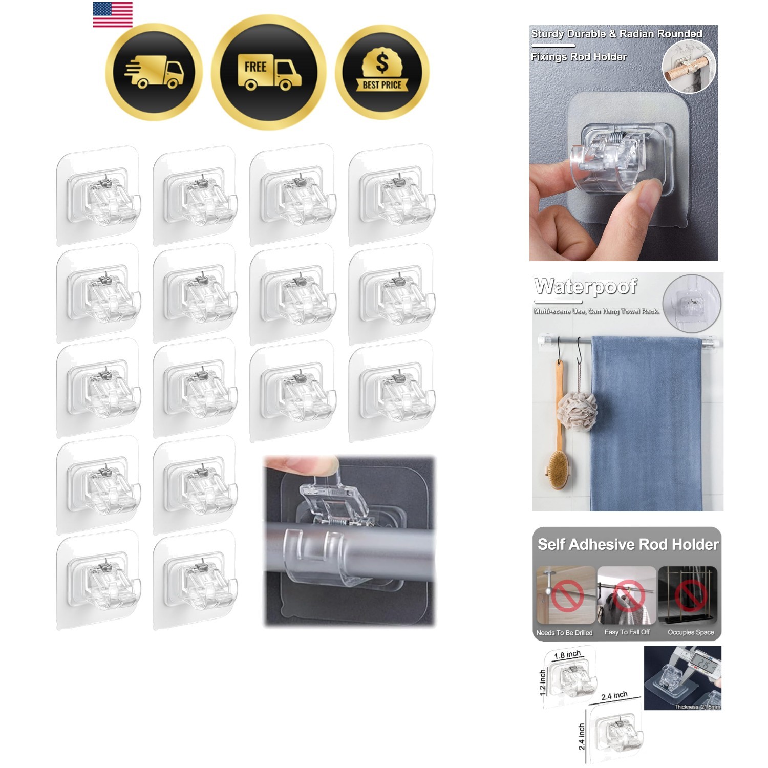 Curtain Rod Bracket No Drilling 16pcs, Self Adhesive Nail Free Curtain Rod Wa…