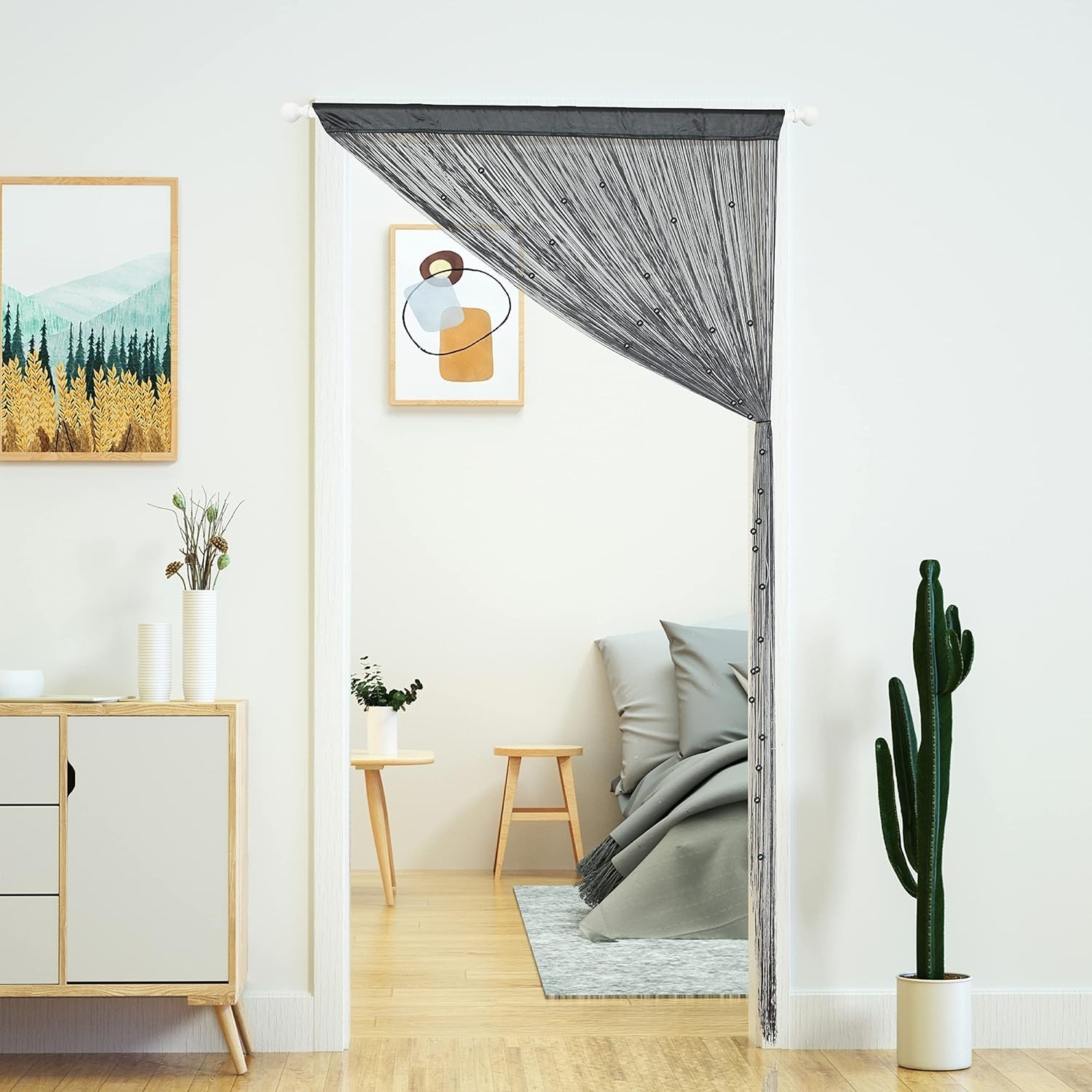 Beaded String Curtain Grey Boho Room Divider Doorway Window Privacy Panel 39×110