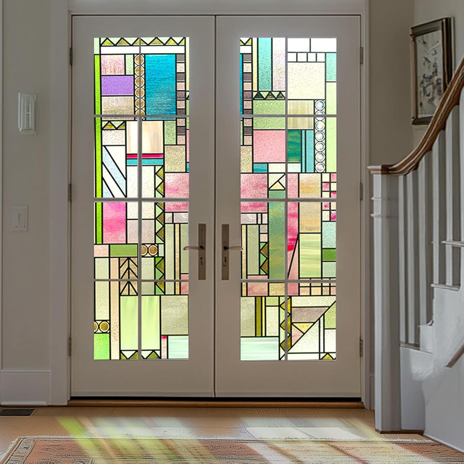 3D Stained Glass Window Privacy Film, Heat Control UV Blocking Static Cling Deco