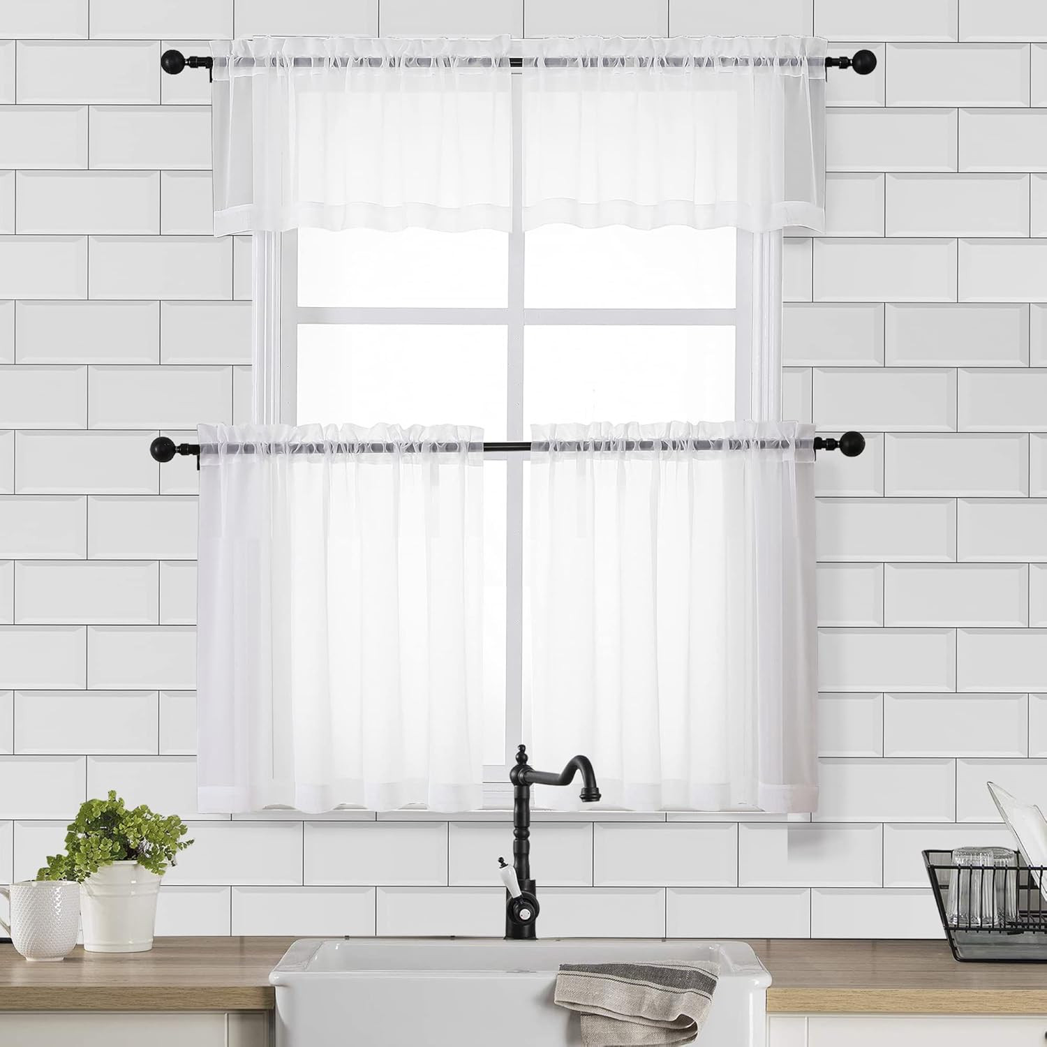 Sheer White Valances for Windows 2 Pack, Small Window Curtains for Living Room B