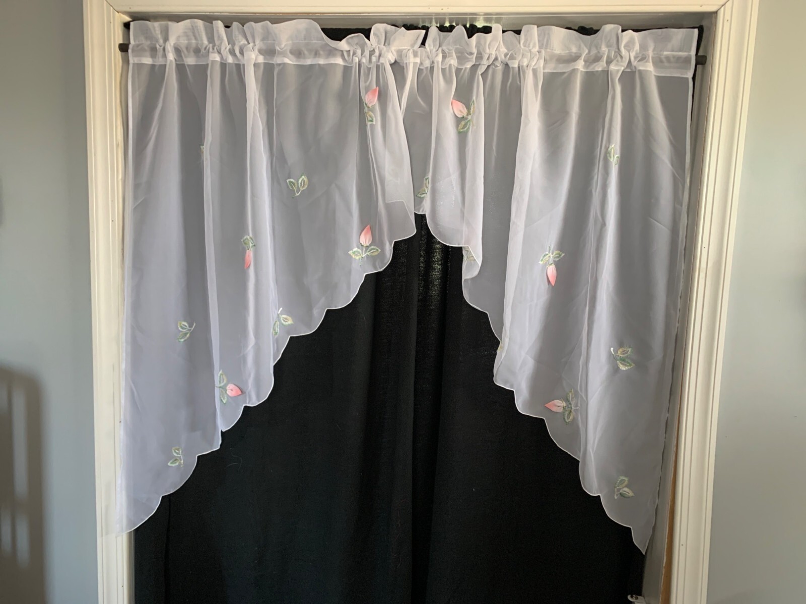 Sheer White Embroidered Curtain Panels with Pink Floral Design Scalloped Edges