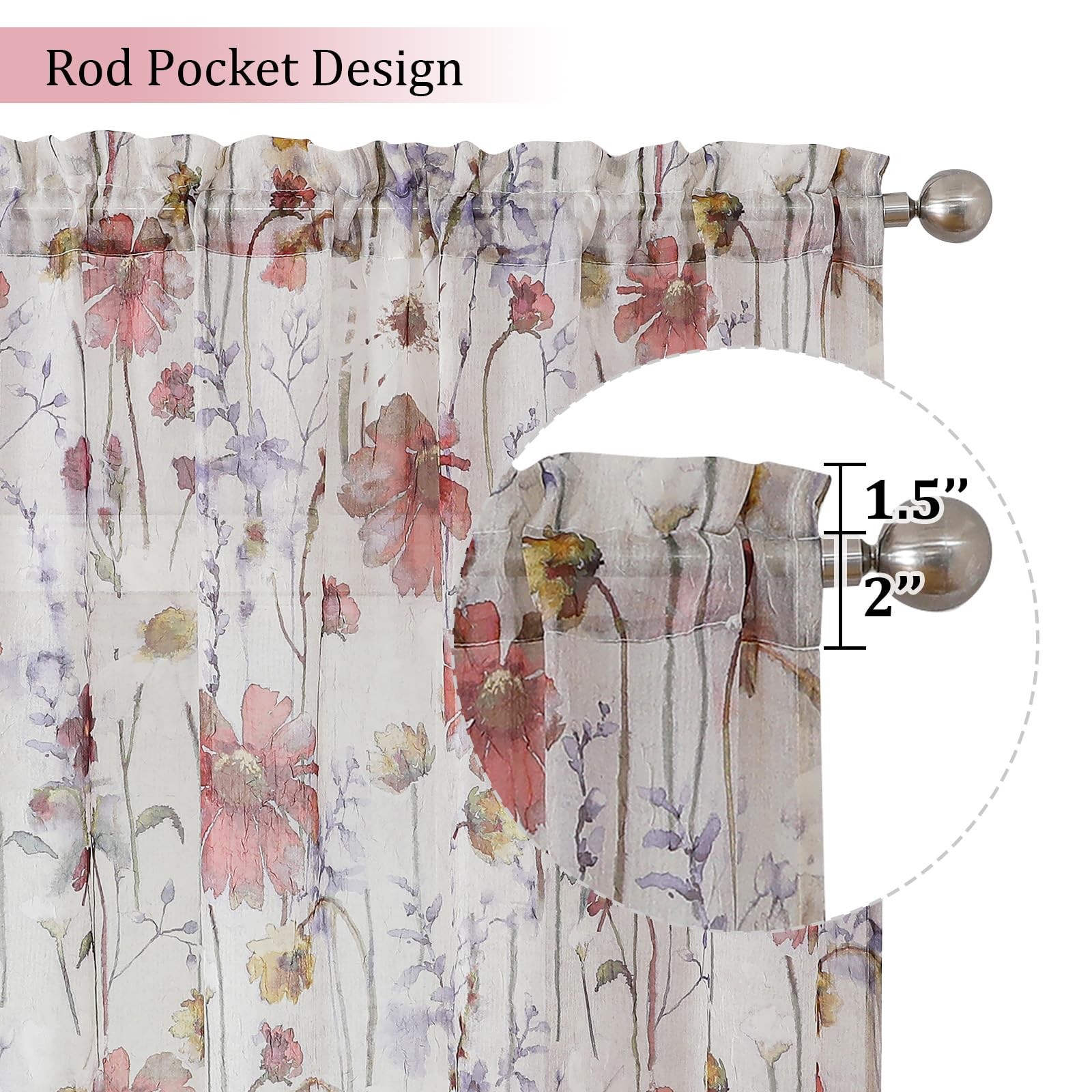 OVZME Printed Floral Short Curtains 45 42″W x 45″L (Pack of 2), Multi Color