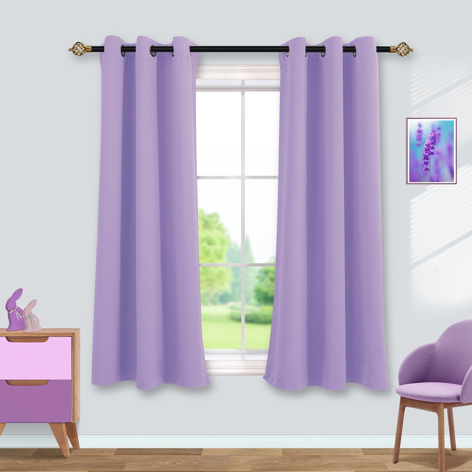 Mrs.Naturall Lilac Light Purple Curtains for Kids Girls Bedroom,2 Panels Set Gro