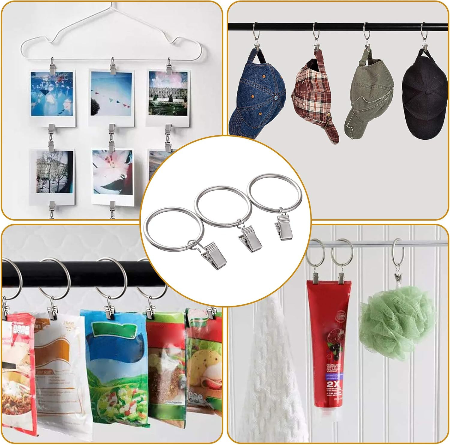 44 Pack Curtain Rings with Clips Hooks 1.5 Inch Rustproof Matte Metal Stainless